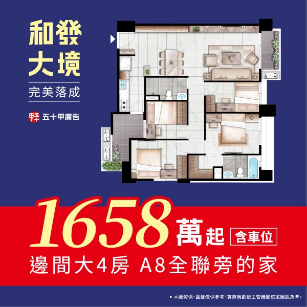 [龜山]和發大境｜A8全能生活圈，1658萬起正4房含車位，即將完美落成！